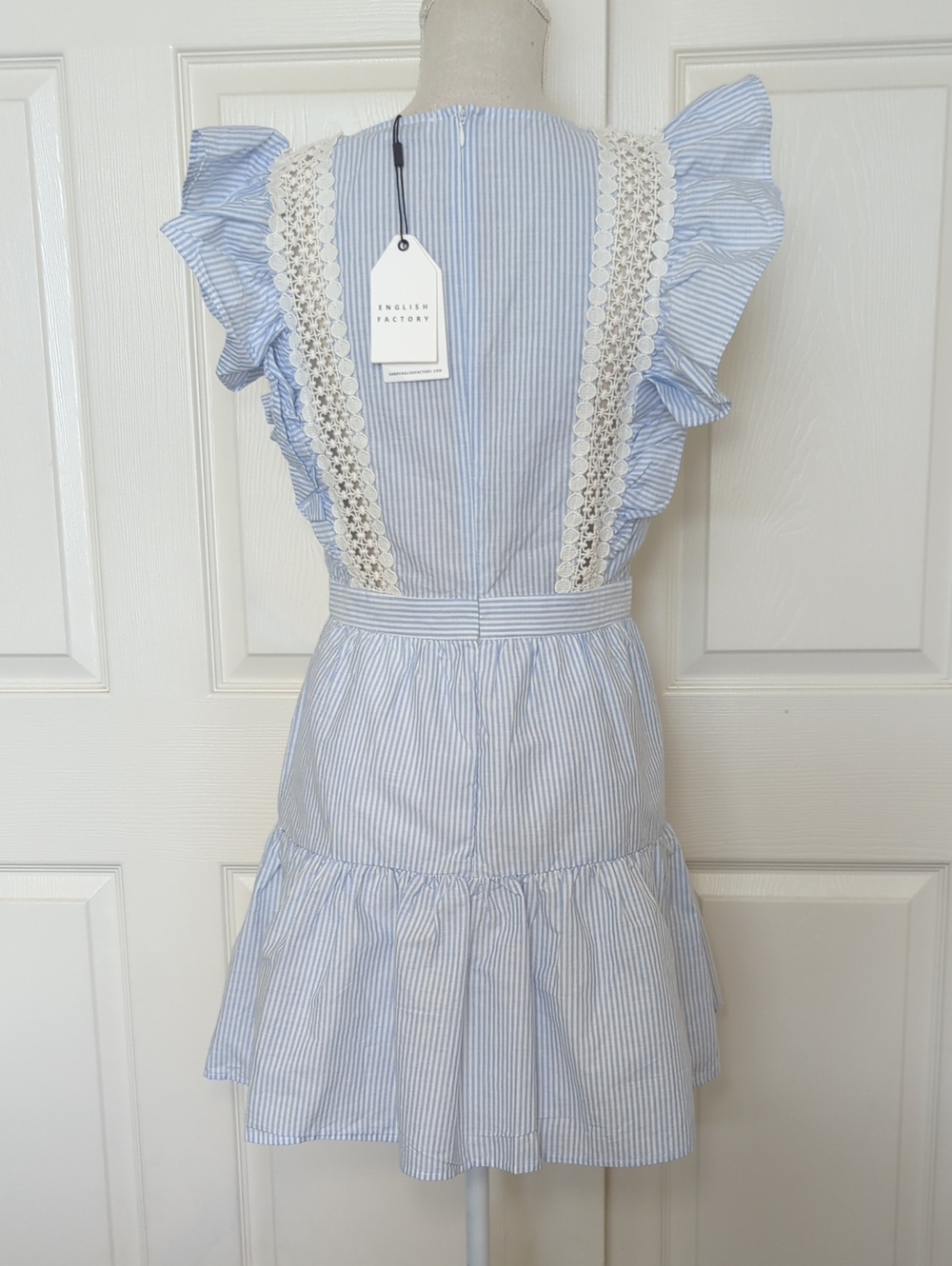 English Factory Blue Pinstripe Lace Trim Ruffle Sleeve Tiered Mini Dress - Picture 5 of 7